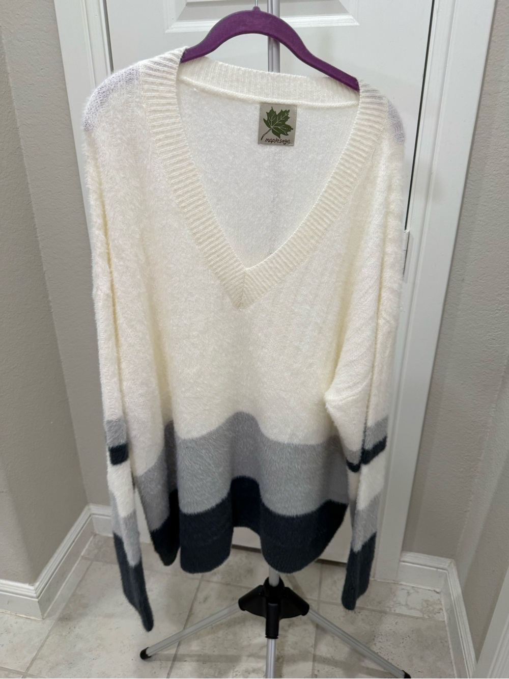 Cozy Cream & Gray V-Neck Striped Sweater